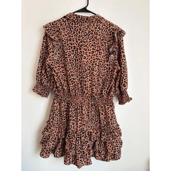 The Shirt Rochelle Behrens Leopard Tiered Mini Dress Preppy Wedding Guest Girly - Picture 5 of 5